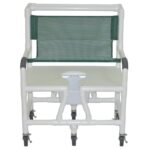 Lumex 30 inch bariatric shower commode chair with open-front seat and mesh back, shown without footrest