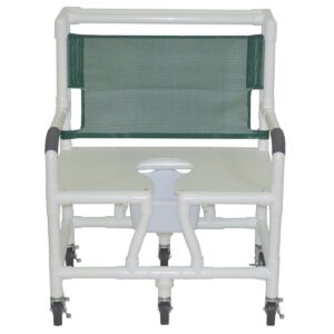 Lumex 30 inch bariatric shower commode chair with open-front seat and mesh back, shown without footrest