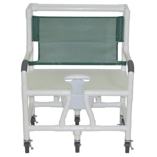Lumex 30 inch bariatric shower commode chair with open-front seat and mesh back, shown without footrest