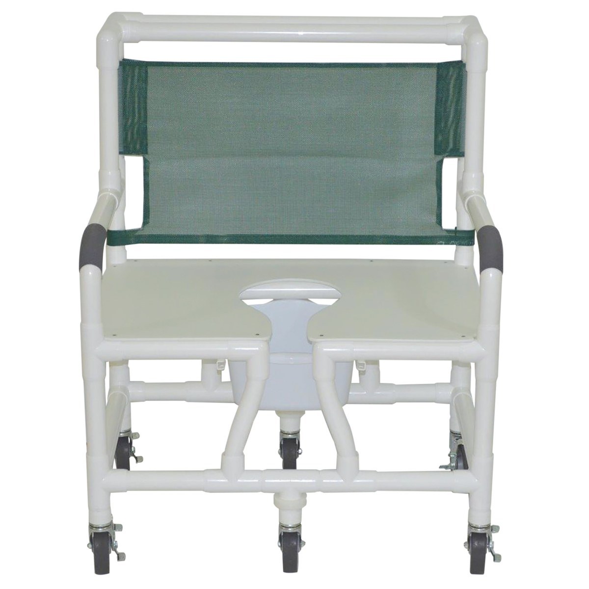 Lumex 30 inch bariatric shower commode chair with open-front seat and mesh back, shown without footrest