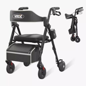 VOCIC Z63 adjustable resistance rollator in Black, open and folded