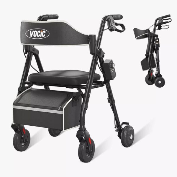 VOCIC Z63 adjustable resistance rollator in Black, open and folded