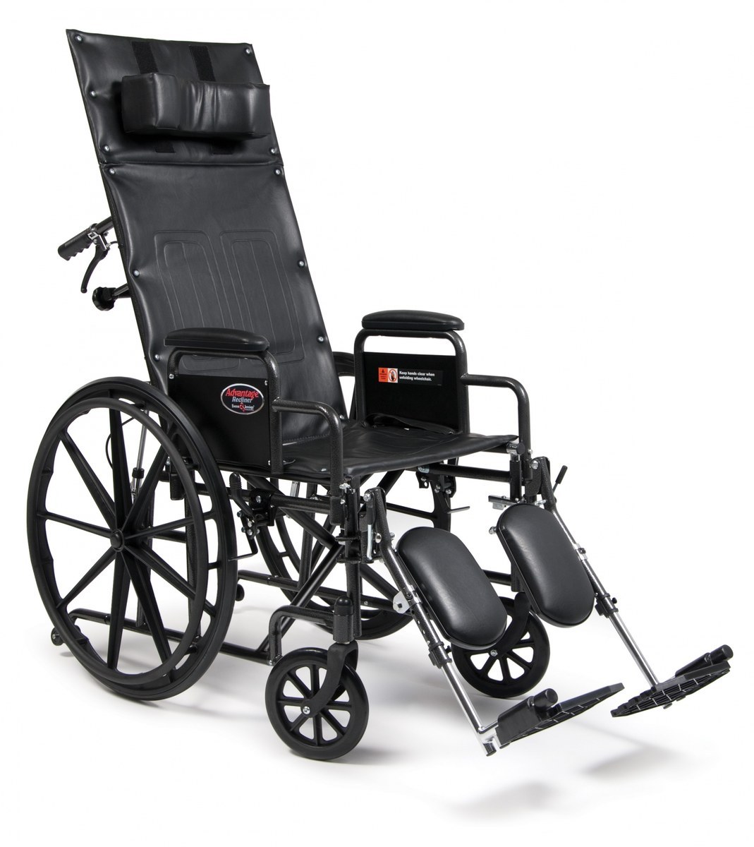 Everest & Jennings Advantage Recliner wheelchair with high reclining back, headrest and elevating legrests