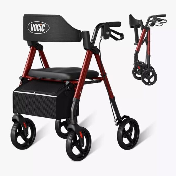 Red VOCIC Z21 rollator walker shown open and folded