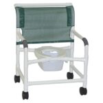 Lumex 26 inch bariatric shower commode chair, shown without the sliding footrest
