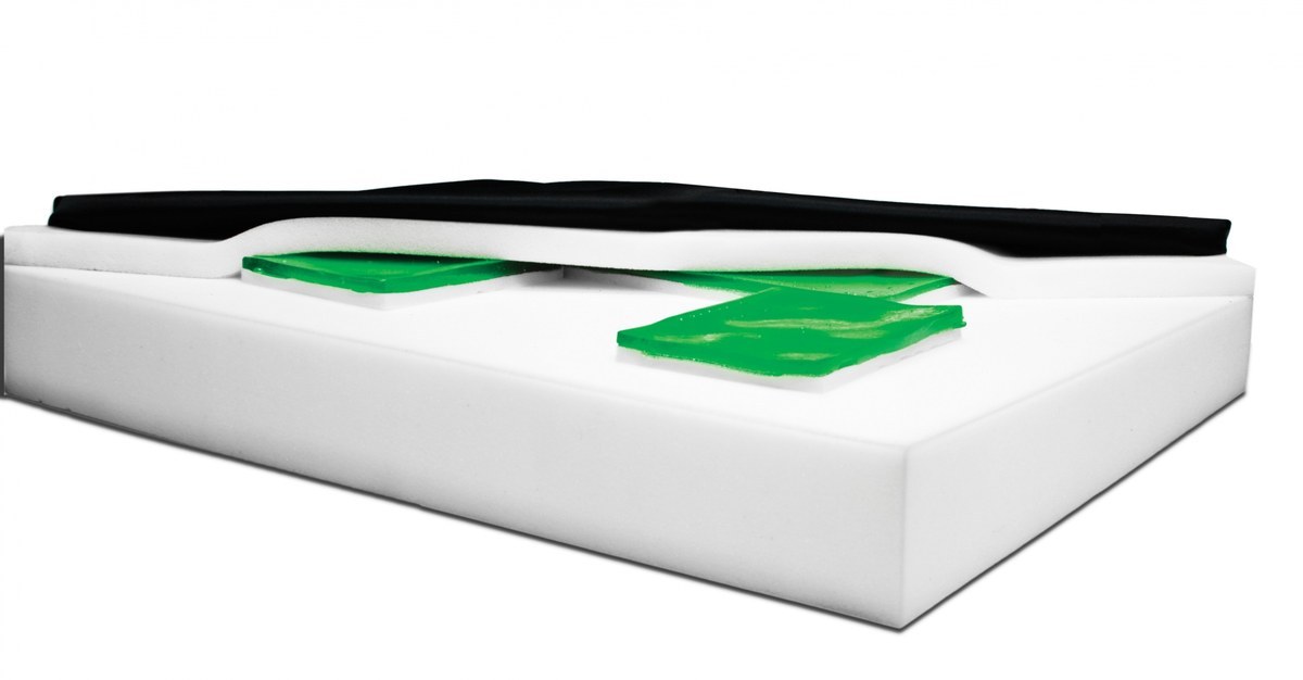 Graham-Field bariatric seat cushion cutaway showing gel zones and memory foam topper