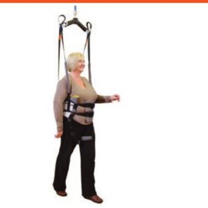 Hoyer standing harness sling by Joerns supporting a patient standing on a Hoyer lift 6-point spreader bar