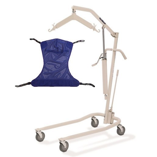 Invacare 9805P hoyer lift with sling, shown with the Reliant full body mesh sling