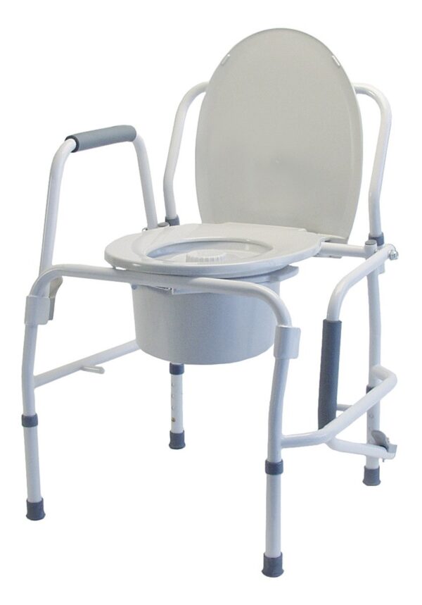 Lumex Silver Collection steel drop arm commode with cushioned armrests and grey steel frame