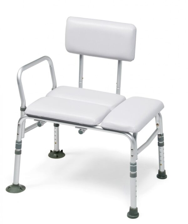 Lumex padded transfer bench with cushioned seat, backrest and side support arm