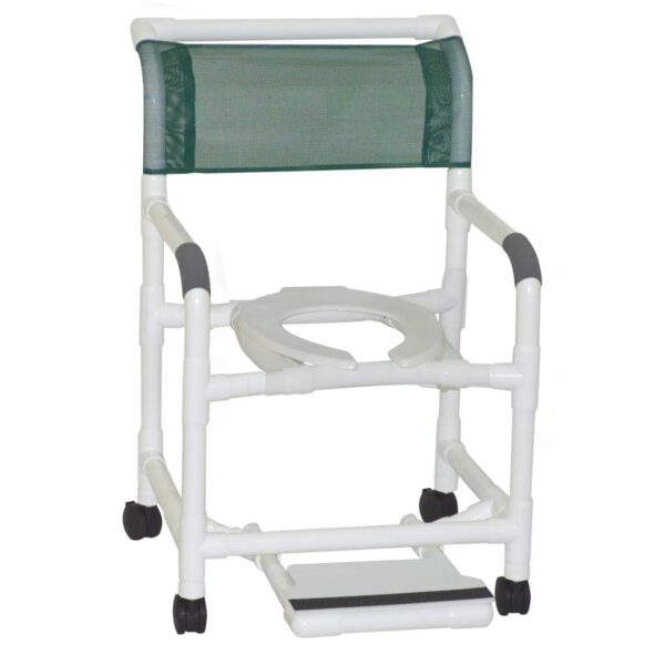Lumex 22 inch PVC shower commode chair with sliding footrest and Royal Blue mesh back