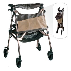 Stander Elite Travel Rollator in Champagne Gold with seat, backrest, pouch and basket