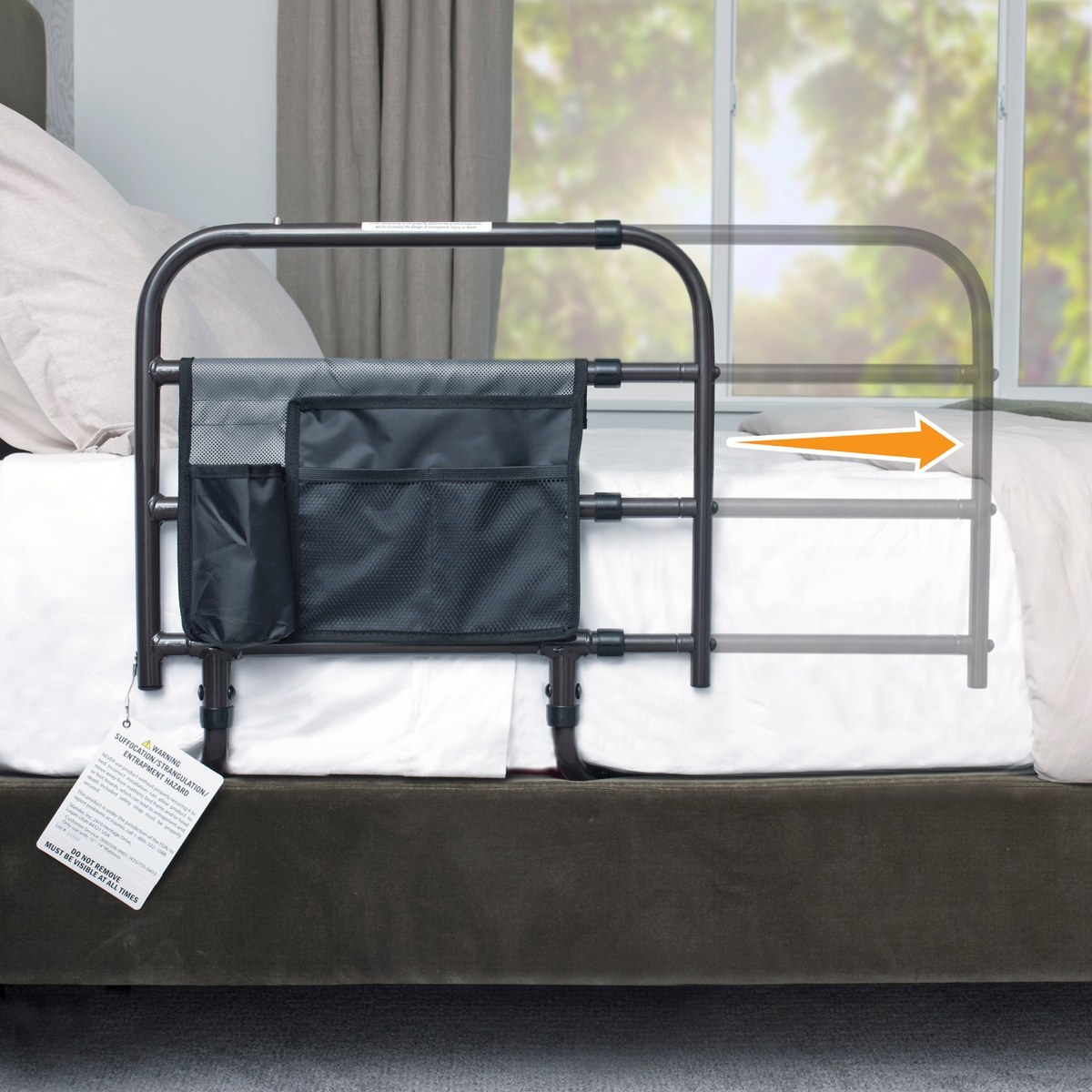 Stander Wonder EZ Adjust Bed Rail, an adjustable length bed rail with organizer pouch