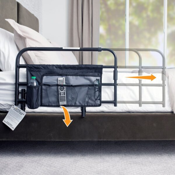 Stander Wonder Pivot Bed Rail, a pivot bed rail with organizer pouch on a home bed