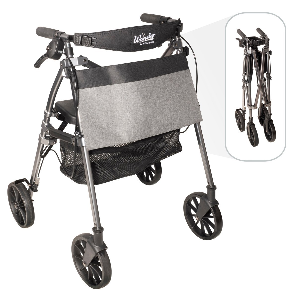 Stander Wonder Rollator Plus with 8 inch wheels in Black Walnut with seat, backrest and pouch