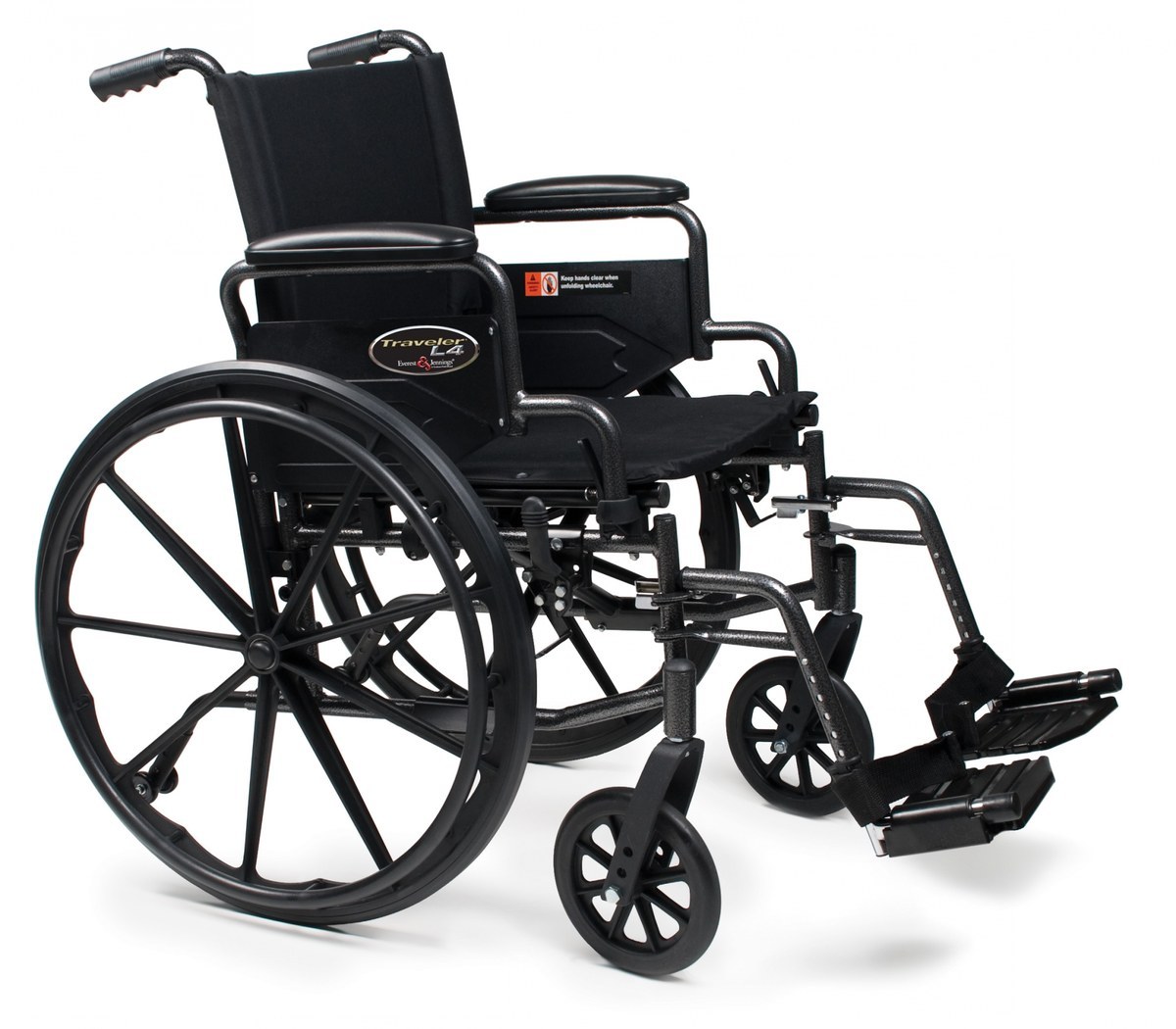 Everest & Jennings Traveler L4 lightweight wheelchair with flip-back desk arms and swing-away footrests