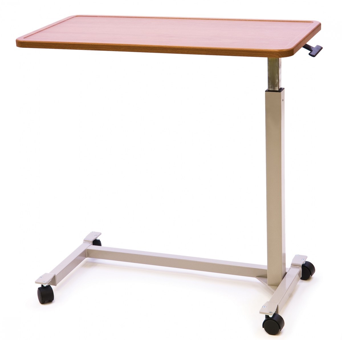 Graham-Field wood overbed table with wood-grain top on an H base