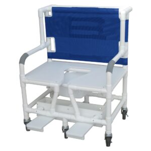Lumex bariatric commode bath chair with sliding footrest and Royal Blue mesh back