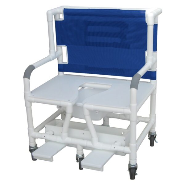 Lumex bariatric commode bath chair with sliding footrest and Royal Blue mesh back