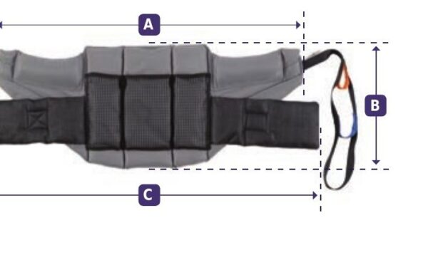 Joerns Hoyer Deluxe stand-aid standing sling with A, B and C dimension markers