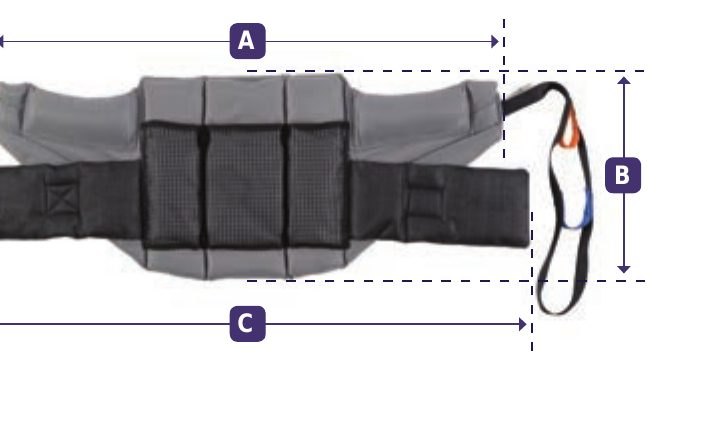 Joerns Hoyer Deluxe stand-aid standing sling with A, B and C dimension markers
