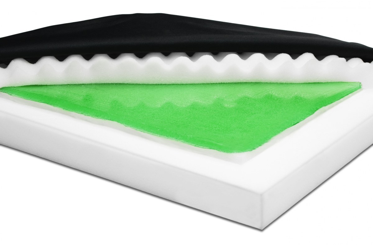 Gel and foam wheelchair cushion cutaway showing the convoluted topper over the Dura-Gel layer