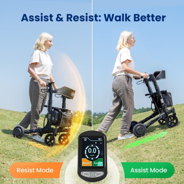 VOCIC Z73 power assist rollator showing Assist and Resist modes on the handle display