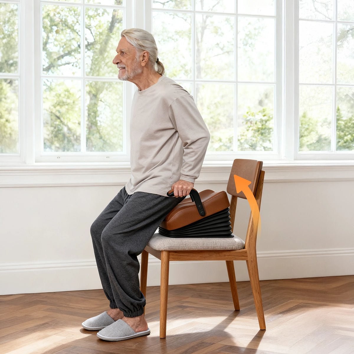 Senior man standing up from a dining chair with the VOCIC AX16 PRO seat lift