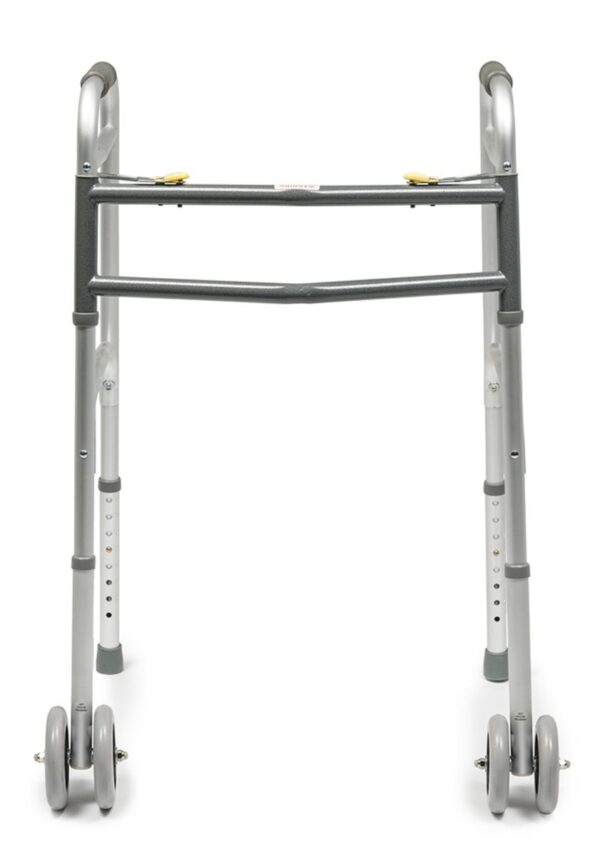 Front view of the Lumex bariatric folding walker with 5 inch wheels