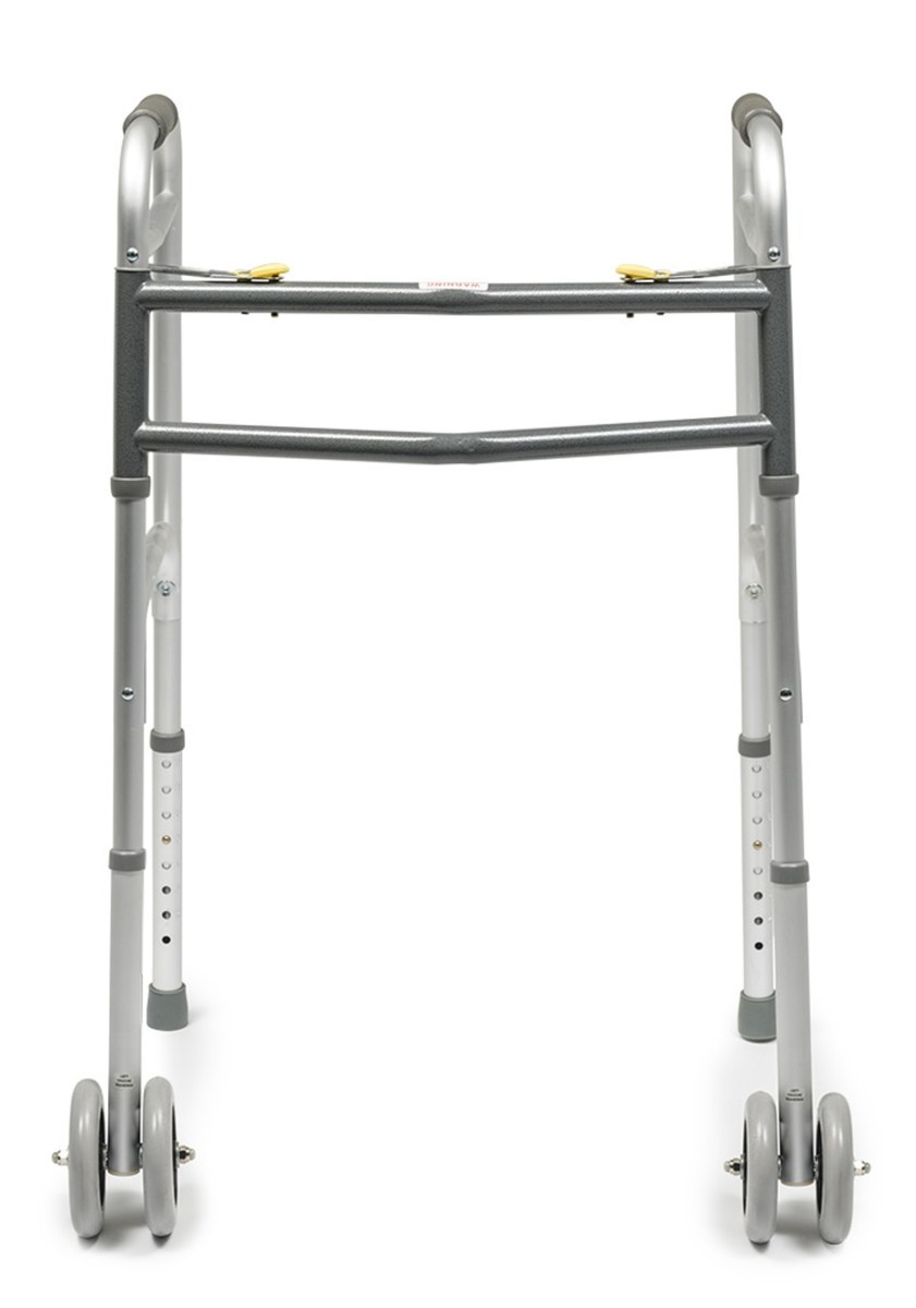Front view of the Lumex bariatric folding walker with 5 inch wheels