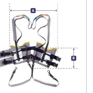 Joerns Hoyer standing harness sling with leg supports, harness length A and width B dimensions