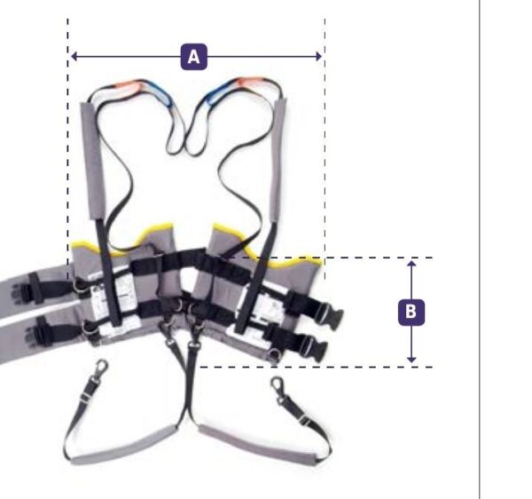 Joerns Hoyer standing harness sling with leg supports, harness length A and width B dimensions