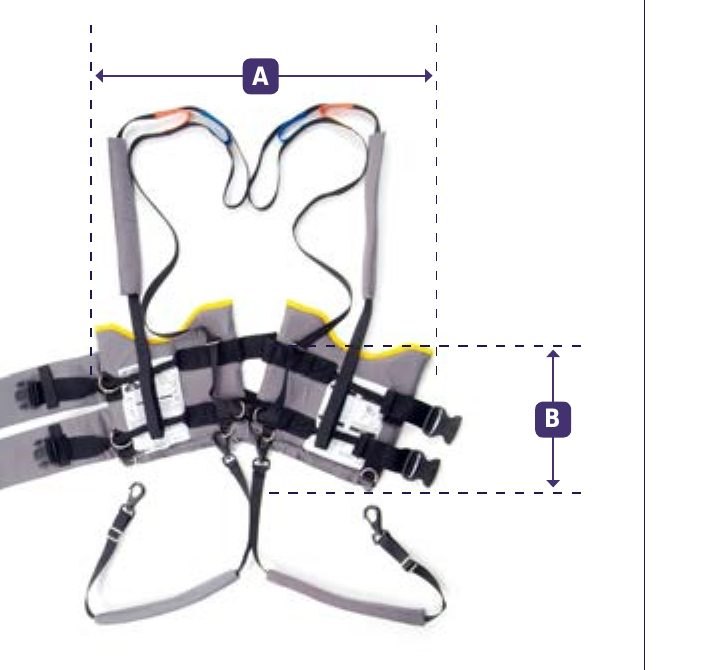 Joerns Hoyer standing harness sling with leg supports, harness length A and width B dimensions