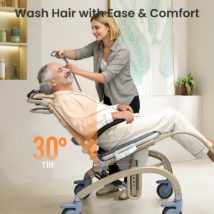 Caregiver washing a senior's hair in the VOCIC XZY08 shower chair tilted back 30 degrees