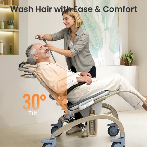 Caregiver washing a senior's hair in the VOCIC XZY08 shower chair tilted back 30 degrees