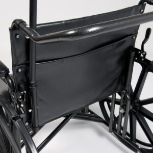 Traveler HTC heavy duty wheelchair rear view with telescoping IV pole and chart pocket