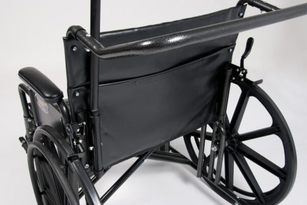 Traveler HTC heavy duty wheelchair rear view with telescoping IV pole and chart pocket