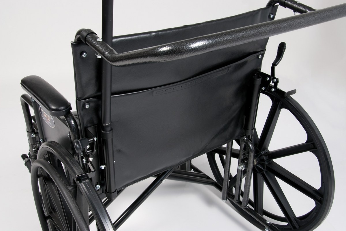 Traveler HTC heavy duty wheelchair rear view with telescoping IV pole and chart pocket