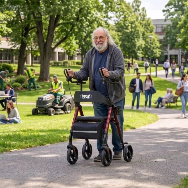 Senior man walking upright outdoors with the red VOCIC Z22 stand up rollator