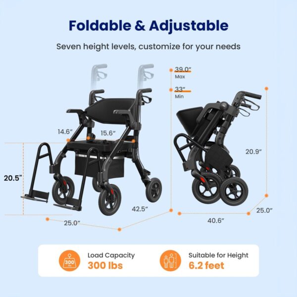VOCIC Z55 walker wheelchair combo measurements diagram: 300 lb capacity, 33 to 39 inch handles, 20.5 inch seat height