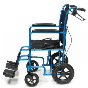Transport chair with 12 inch rear wheels folded for storage