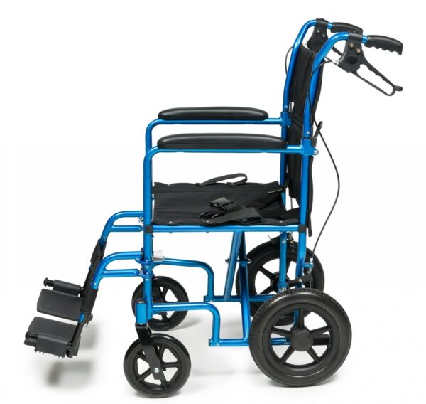 Transport chair with 12 inch rear wheels folded for storage