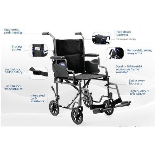 Invacare EasyGlide Transport Flex transport chair measurements diagram