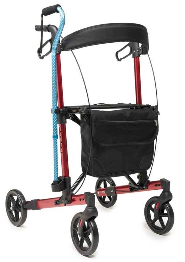 Lumex Walkabout Allura Rollator, Apple red front with cane