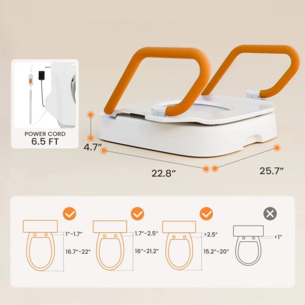 VOCIC AX12 PRO base size 22.8 x 25.7 inches, 6.5 ft power cord and toilet fit chart