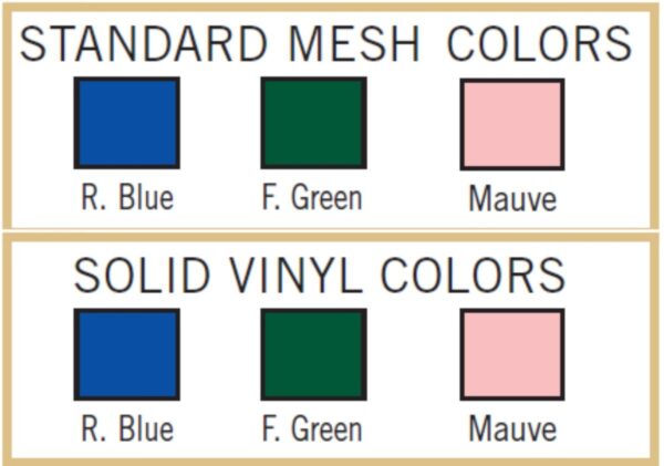 Lumex PVC shower chair mesh and vinyl color chart: Royal Blue, Forest Green, Mauve