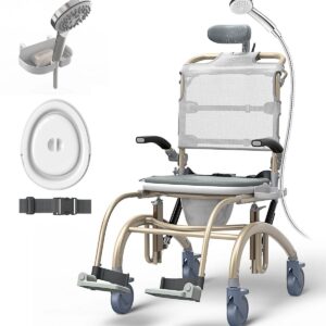 VOCIC XZY08 shower commode chair with pail lid, seat belt and handheld shower head