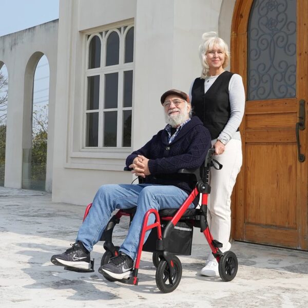 VOCIC Z55 2-in-1 rollator used as a transport chair, caregiver pushing a seated senior