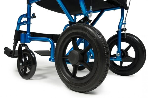 Handle-mounted attendant wheel lock on the E&J deluxe transport chair
