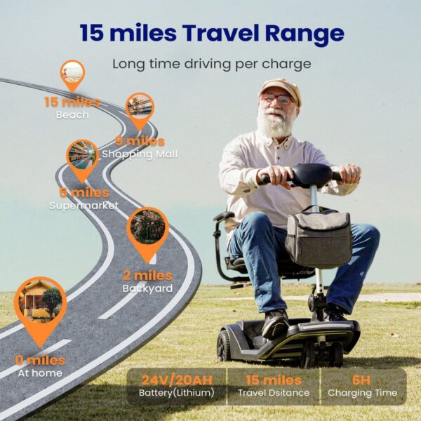 VOCIC D50 travel mobility scooter range per charge on a park path